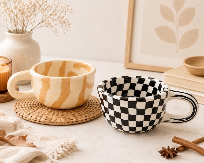 May include: Two ceramic mugs with rounded handles. One mug features a beige and cream wavy striped pattern, while the other displays a black and white checkered pattern. Both mugs have a thick, rounded rim and a smooth, glossy finish.