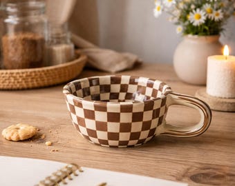 Checkered Ceramic Mug, Brown Checkerboard Coffee Cup, Retro Latte Mug, Japandi Style Drinkware, Gift for Her, Matcha Lover Gift 26
