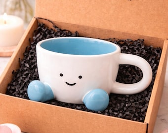 Cute Smiley Face Mug Gift, Kawaii Coffee Cup with Feet, Funny Ceramic Mug, Gift for Her, Cute Tea Cup, Unique Gift Idea, Mothers Day Gift