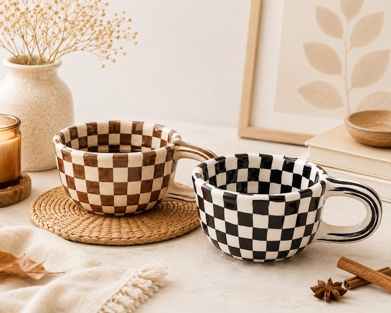 May include: Two ceramic mugs with rounded shapes and wide handles. One mug features a brown and white checkered pattern, while the other displays a black and white checkered pattern. Both mugs have a glossy finish and a consistent grid design.