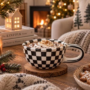May include: A wide ceramic mug featuring a black and white checkered pattern filled with hot chocolate topped with whipped cream and cocoa powder. The mug has a thick, curved handle and sits on a round wooden coaster on a rustic wooden surface.