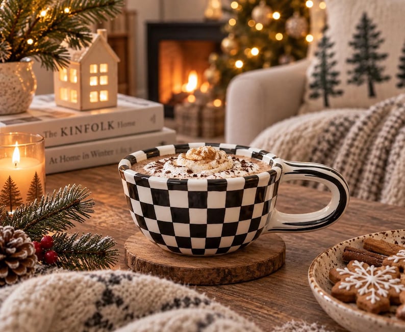 May include: A wide ceramic mug featuring a black and white checkered pattern filled with hot chocolate topped with whipped cream and cocoa powder. The mug has a thick, curved handle and sits on a round wooden coaster on a rustic wooden surface.