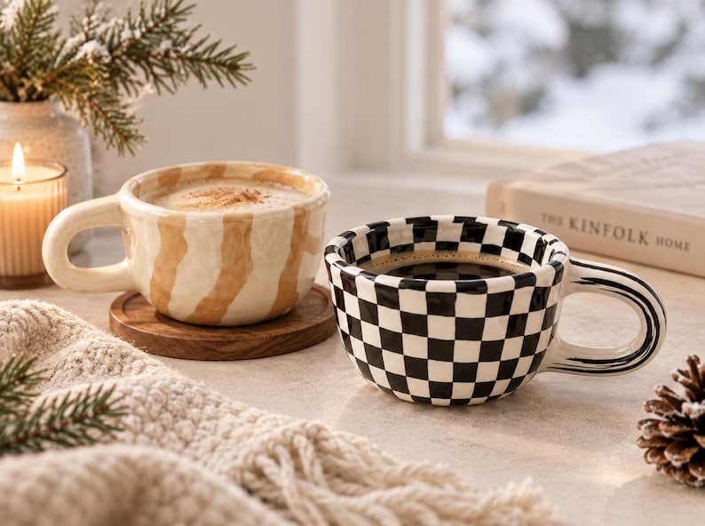May include: Two ceramic mugs with rounded handles. One mug features a beige and white vertical striped pattern and contains a light-colored beverage. The other mug displays a black and white checkered pattern and contains a dark-colored beverage.