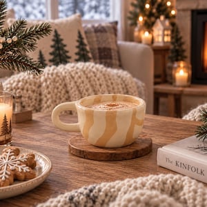 May include: A ceramic mug with a cream and tan wavy striped pattern sits on a round wooden coaster. The mug is filled with a light brown beverage topped with a dusting of cinnamon. A plate of snowflake-shaped cookies is positioned nearby.
