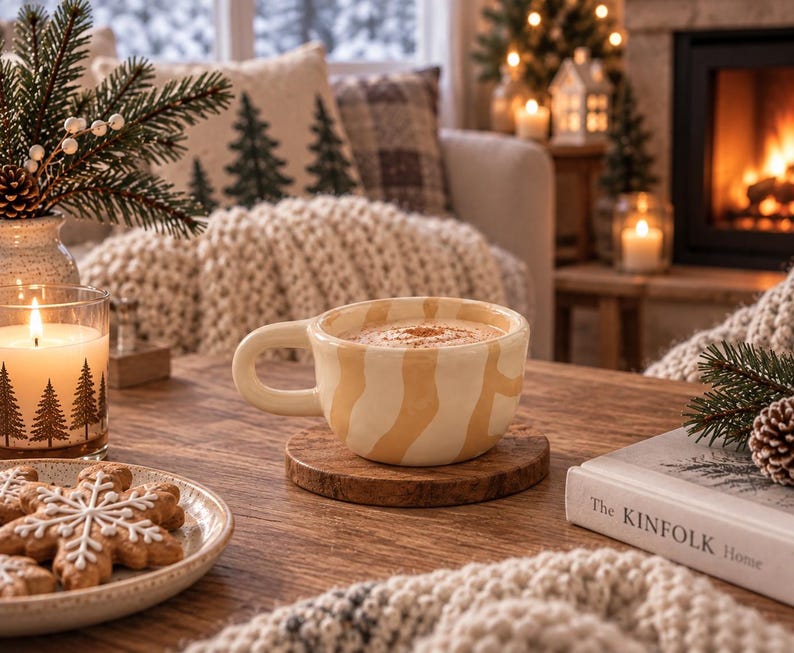 May include: A ceramic mug with a cream and tan wavy striped pattern sits on a round wooden coaster. The mug is filled with a light brown beverage topped with a dusting of cinnamon. A plate of snowflake-shaped cookies is positioned nearby.