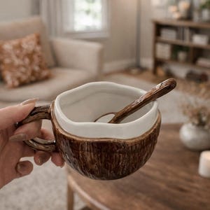 May include: A brown ceramic mug with a white interior, held by a person. The mug has a textured exterior and a curved handle. A wooden spoon rests inside. The mug is on a wooden table.