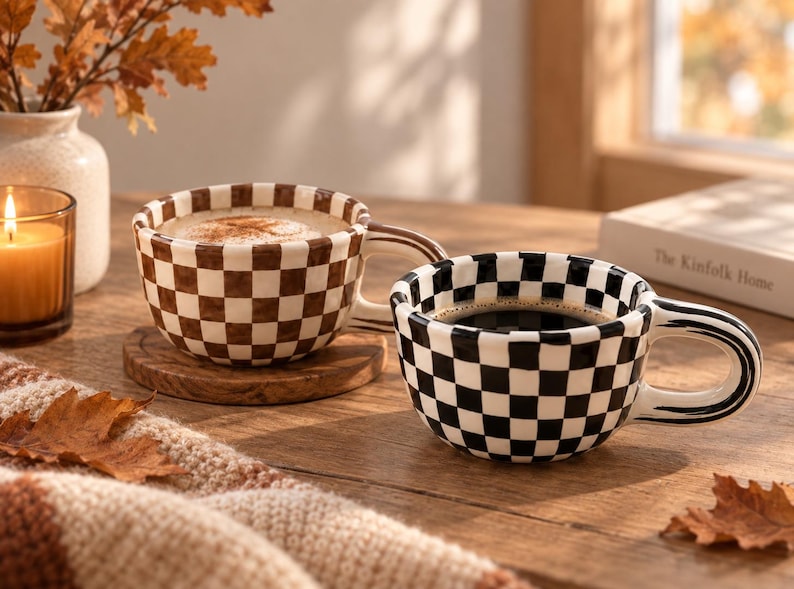 May include: Two ceramic mugs with a checkered pattern. One mug features a brown and white checkerboard design filled with a light-colored beverage, while the other displays a black and white checkerboard pattern filled with dark coffee.
