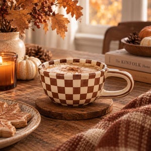 May include: A ceramic mug featuring a brown and cream checkered pattern, filled with a frothy beverage topped with cinnamon. The mug has a wide, rounded handle and sits on a circular wooden coaster, showcasing a glossy finish and distinct squares.