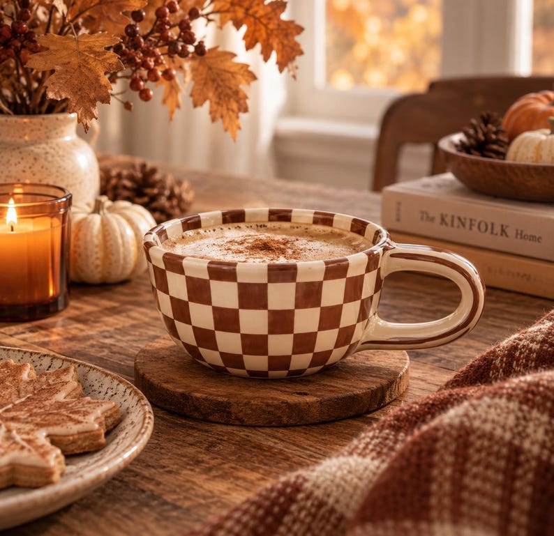 May include: A ceramic mug featuring a brown and cream checkered pattern, filled with a frothy beverage topped with cinnamon. The mug has a wide, rounded handle and sits on a circular wooden coaster, showcasing a glossy finish and distinct squares.