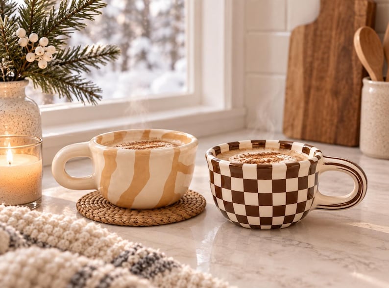 May include: Two ceramic mugs with rounded handles, one featuring a beige and cream abstract wavy pattern and the other a brown and cream checkerboard design. Both mugs are filled with a warm beverage topped with foam and a dusting of cinnamon.