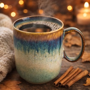 May include: A ceramic coffee mug with a blue, green, and brown glaze, filled with hot coffee and steam rising from the top. Cinnamon sticks are next to the mug. The mug is on a wooden surface with a soft, off-white knitted item in the background.
