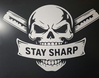 Skull Razor Sticker Skull Banner Sticker Barber Skull Sticker Stay Sharp Skull Decal Vinyl Sticker Car Window 30 x 20 cm/ 60 x 40 cm