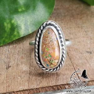 Earthy Orange & Green Australian Boulder Opal Ring, size 8.25