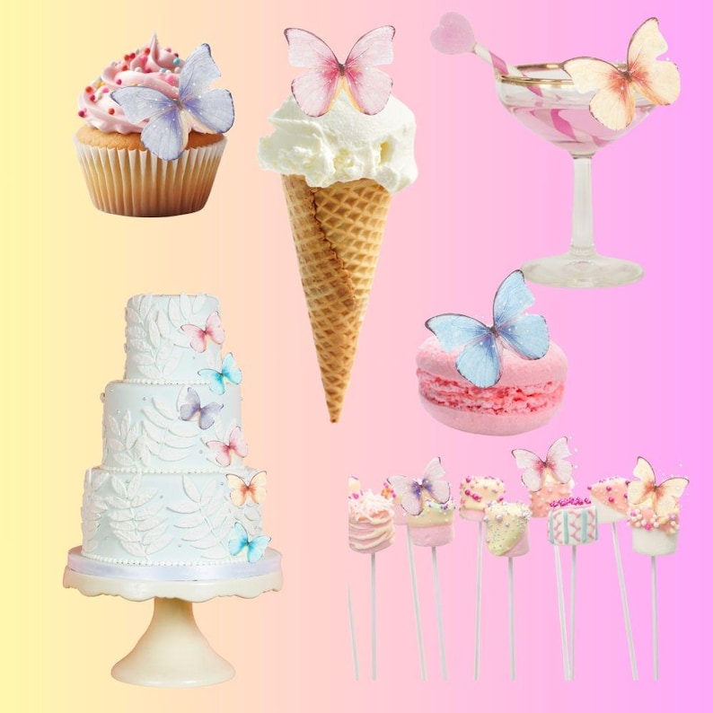 May include: A collection of desserts, including a cupcake, ice cream cone, cocktail, macaron, cake, and marshmallow pops. Each treat is decorated with a butterfly. The background is a gradient of yellow, pink, and purple.