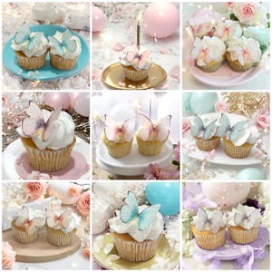 May include: A collection of cupcakes with white frosting and butterfly decorations. The cupcakes are displayed on various plates and surfaces, with a soft, pastel color scheme. Some cupcakes have a single candle.