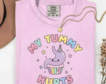 My tummy hurts shirt, cute kidcore pastel kawaii stomach cupcake graphic tee, funny meme sweatshirt, unisex t-shirt, pastel aesthetic gift