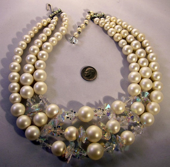 Mad Men Vintage Necklace Triple Strand Faux Pearl… - image 2