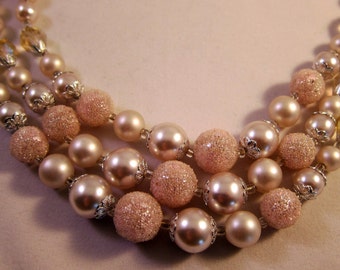 Vintage Necklace Triple Strand Light Pink and White