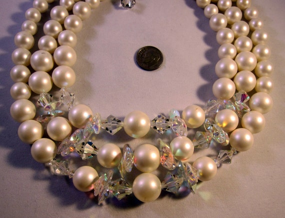 Mad Men Vintage Necklace Triple Strand Faux Pearl… - image 5