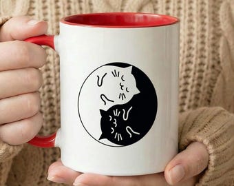 Yin Yang Katzen Tasse, Minimal Schwarz Weiß Katzen Yoga Design, Geschenk für Katzenliebhaber, gemütliche Kaffee Tee Tasse