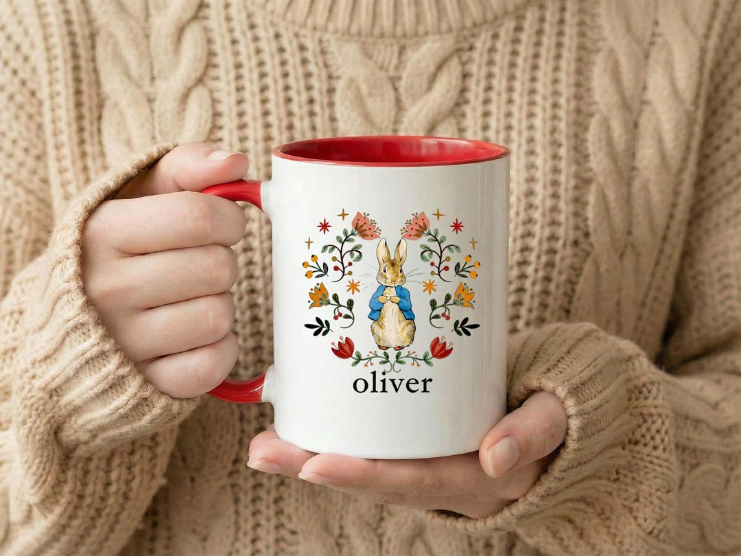 Personalized Bunny Mug, Peter Rabbit Coffee Cup, Folk Art Botanical ...
