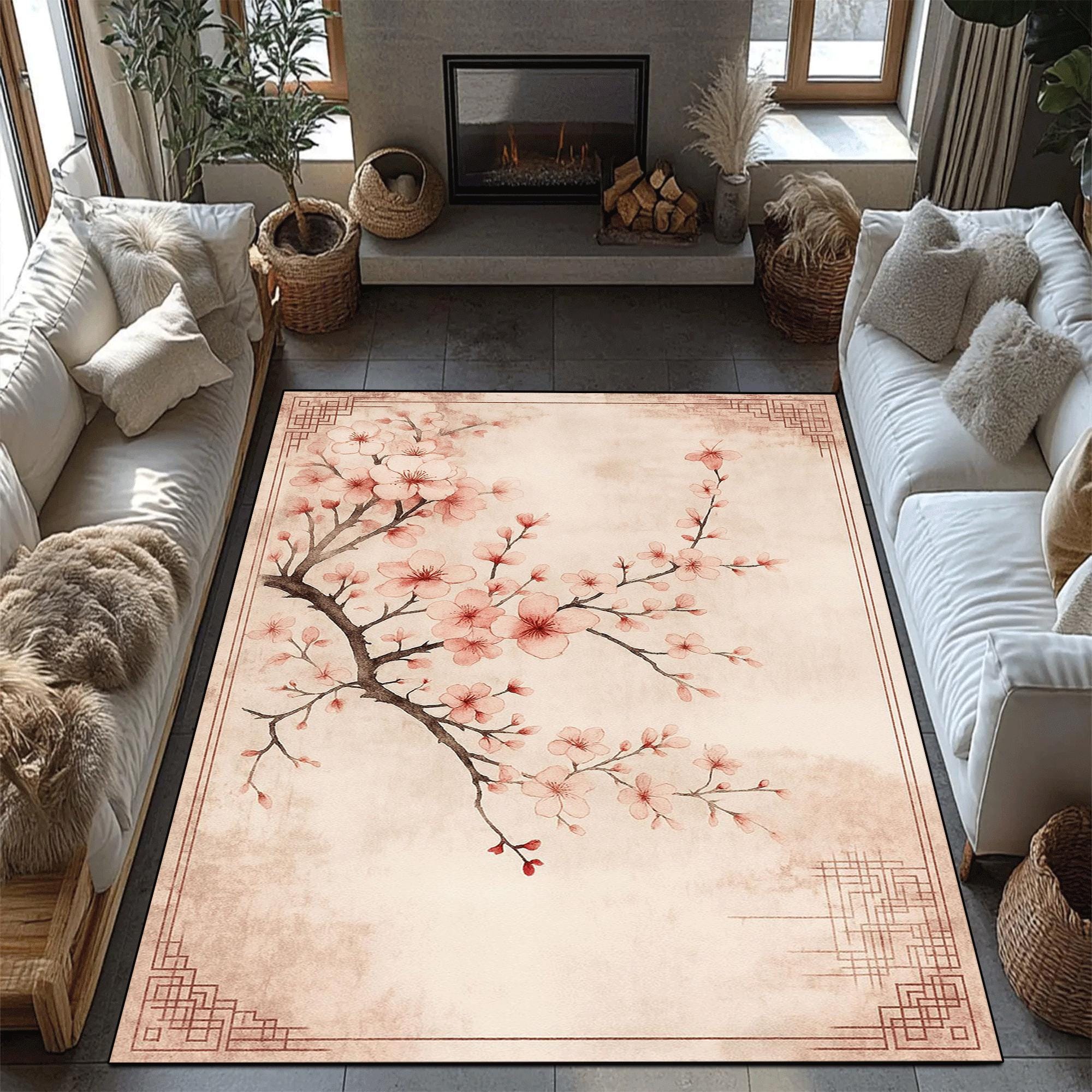 Pink Japanese Rug Cherry Blossom Rug: Japanese Sakura Floral Polyester Area Rug - Etsy