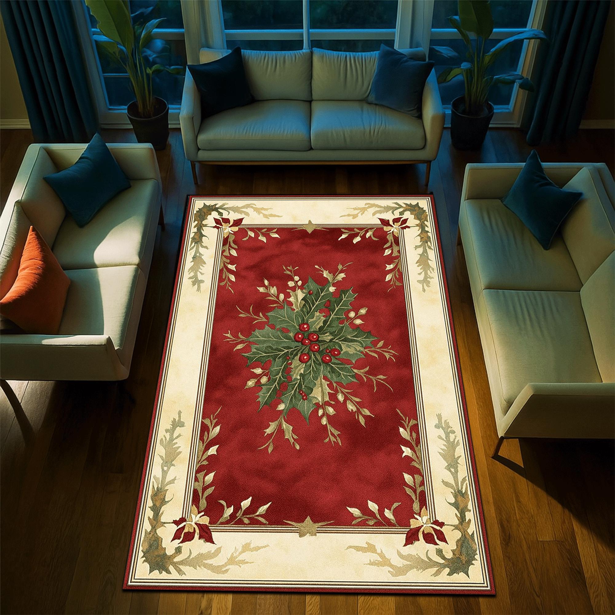 Vintage Christmas Holly Leaf Rug: Red Cream Holiday Decor - Etsy