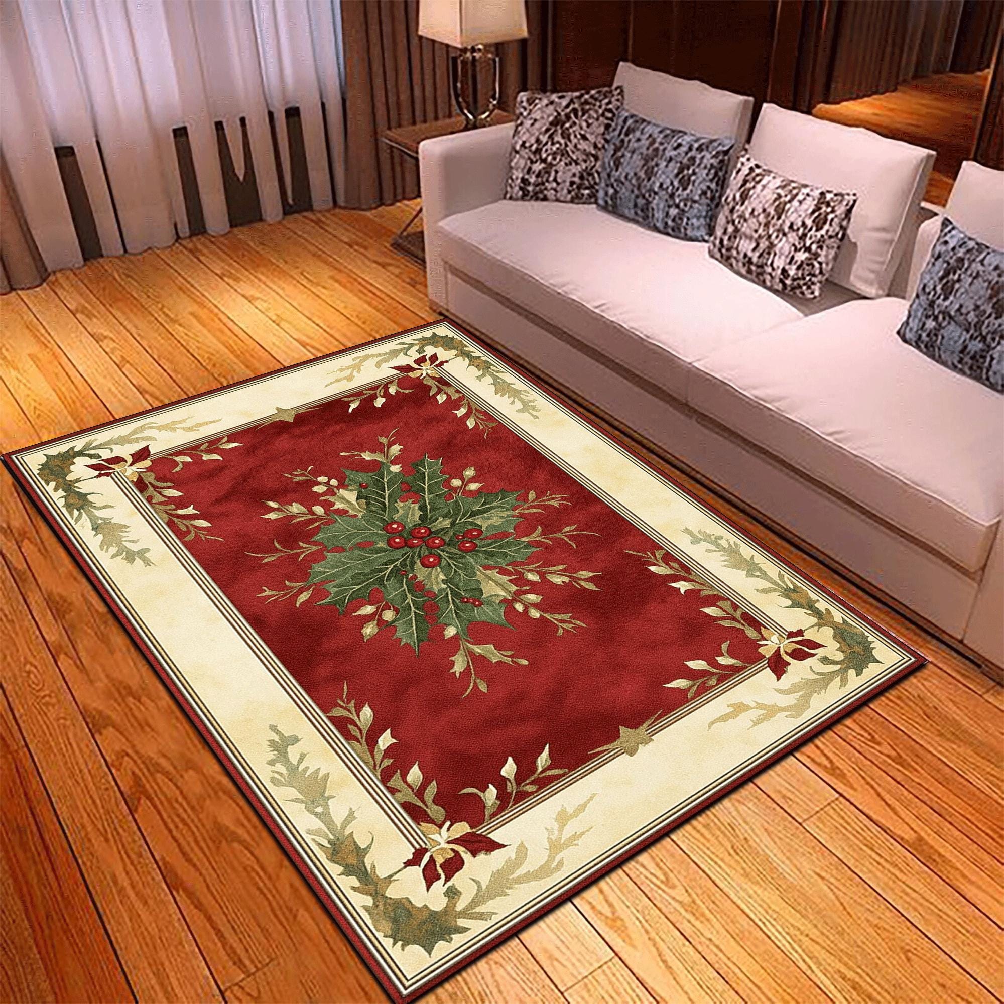 117×213 \"Chiristmas holly\" ViNTAGE RUG Vintage Christmas Holly Leaf Rug: Red Cream Holiday Decor - Etsy