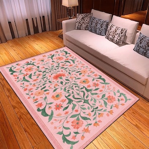 Tapis à fleurs rose - Moquette lavable antidérapante avec élégant motif de fleurs vintage - Décoration botanique romantique pour le salon ou la chambre à coucher