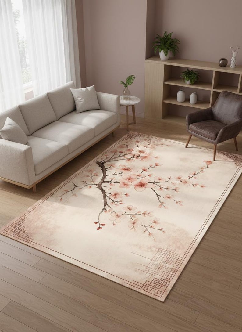 Pink Japanese Rug Cherry Blossom Area Rug, Japanese Sakura Floral Carpet, Minimalist Zen ...