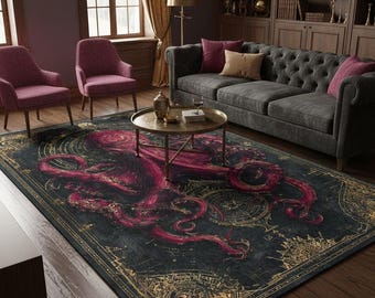 Gotisch octopustapijt, karmozijnrode Kraken, Alchemy Ocean-decor, donker Academia-tapijt
