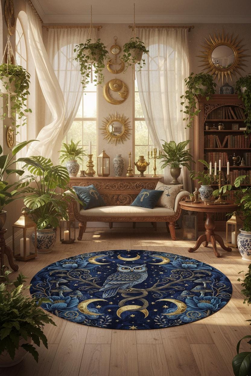 Celestial Owl Round Rug, Moon Phase Botanical Carpet, Witchcore Decor