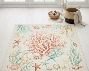 Coastal Coral Watercolor Area Rug, Beach House Nautical Sea Life Carpet
