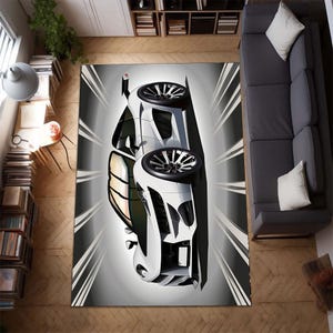 Anime racing car rug with speed line effect, fast drift sportscar rug for teen gamer room, cool Japanese comic car decor rug