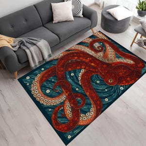 Octopus Mosaic Rug – Nautical Ocean Inspired Carpet, Sea Life Themed Area Rug, Unique Living Room Decor, Gift for Ocean Lovers