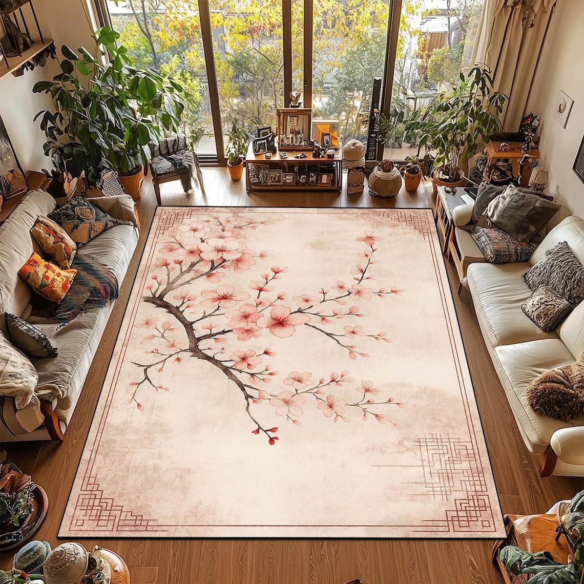 Pink Japanese Rug Cherry Blossom Rug: Japanese Sakura Floral Polyester Area Rug - Etsy