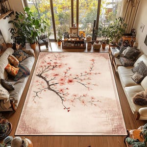 Cherry Blossom Rug: Japanese Sakura Floral Polyester Area Rug