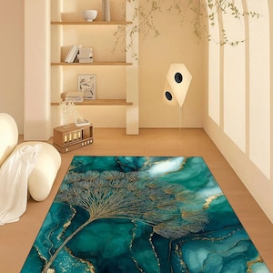 Emerald Green and Gold Abstract Rug