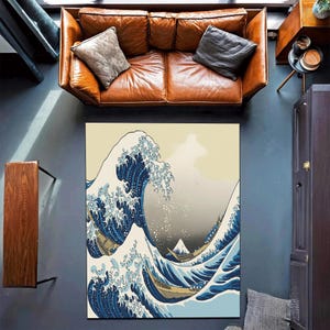 Great Wave Rug – Washable Non-Slip Area Carpet Inspired by Hokusai’s Kanagawa Artwork – Japanese Art Rug for Modern or Zen Interiors