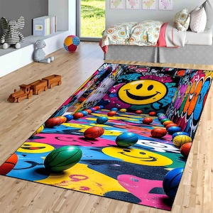Tapis Graffiti Smile Art : motif de basket-ball coloré, pop art urbain