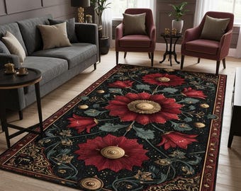 Gothic Floral Rug, Dark Red Baroque Ornamental Area Carpet. Red Decor