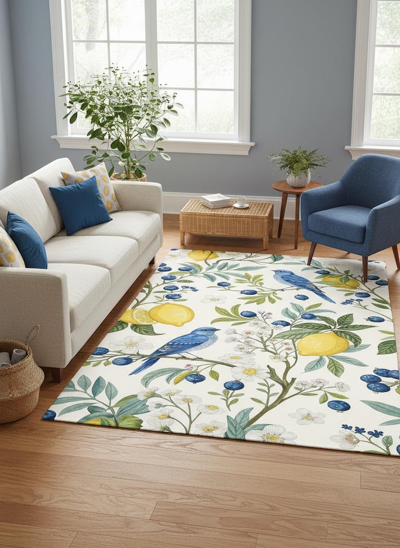 Botanical Bird Lemon Rug, Bluebird Floral Carpet, Cottagecore Nature ...