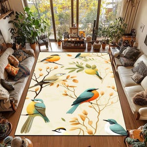 Birds and Branches Nature Rug: Boho Living Room Decor