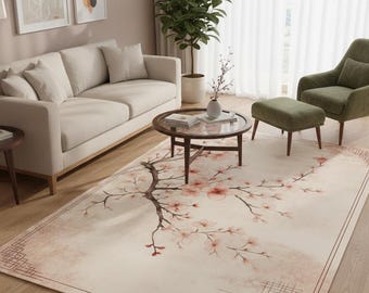 Cherry Blossom Area Rug, Japanese Sakura Floral Carpet, Minimalist Zen Home Decor