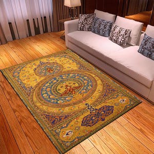 Luxury Persian Style Area Rug – Yellow & Blue Medallion Design, Traditional Oriental Carpet for Living Room -  Home Décor