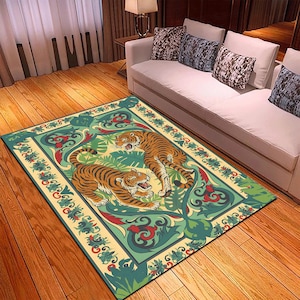 Vintage Tiger Rug – Exotic Jungle Animal Carpet for Living Room, Oriental Style Decorative Area Rug with Bold Wildlife Design