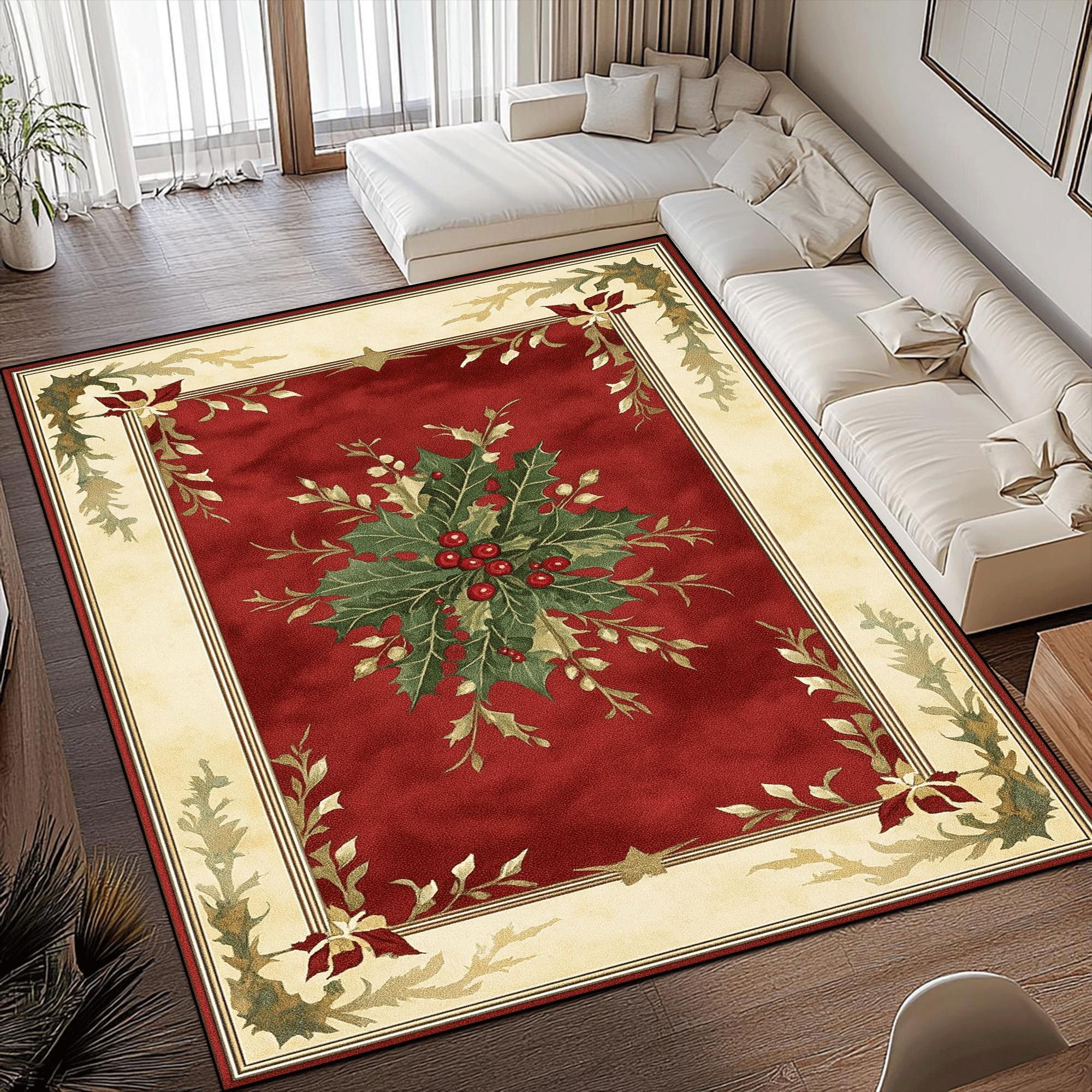 Vintage Christmas Holly Leaf Rug: Red Cream Holiday Decor - Etsy