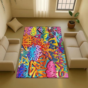 カラフルなグラフィティエリアラグ - アーバンヒップホップストリートアートカーペット