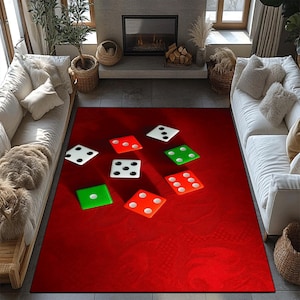 Casino-dobbelsteenkleed – rood gameroomtapijt met kleurrijk dobbelsteenontwerp, poker- en casinodecor, uniek vloerkleed voor gamers en feestzalen