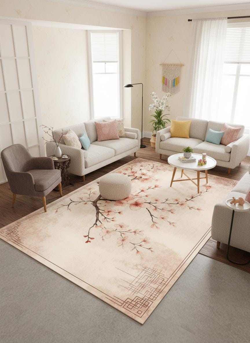 Sakura Rug Cherry Blossom Area Rug, Japanese Sakura Floral Carpet, Minimalist Zen ...